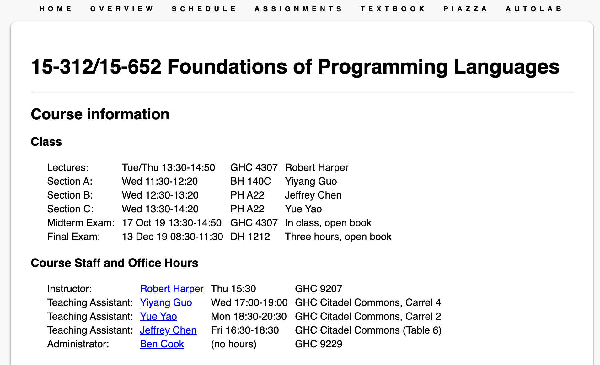 Fall 2019 instance of "Foundations of Programming Languages"