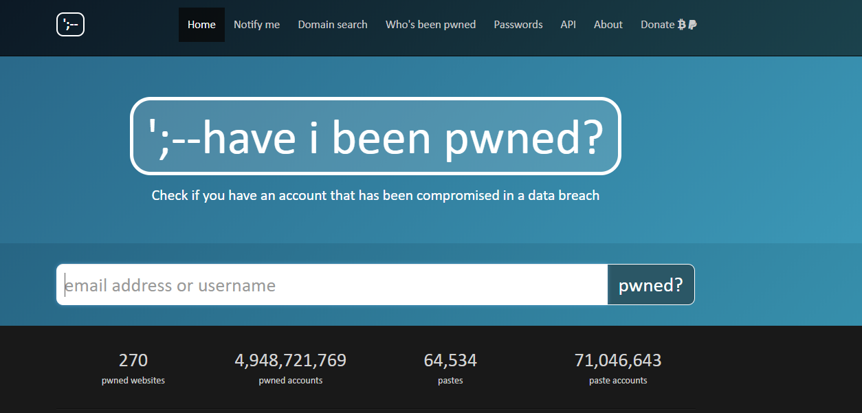 Screenshot of "Have I benn pawned" website at 'https://haveibeenpwned.com'